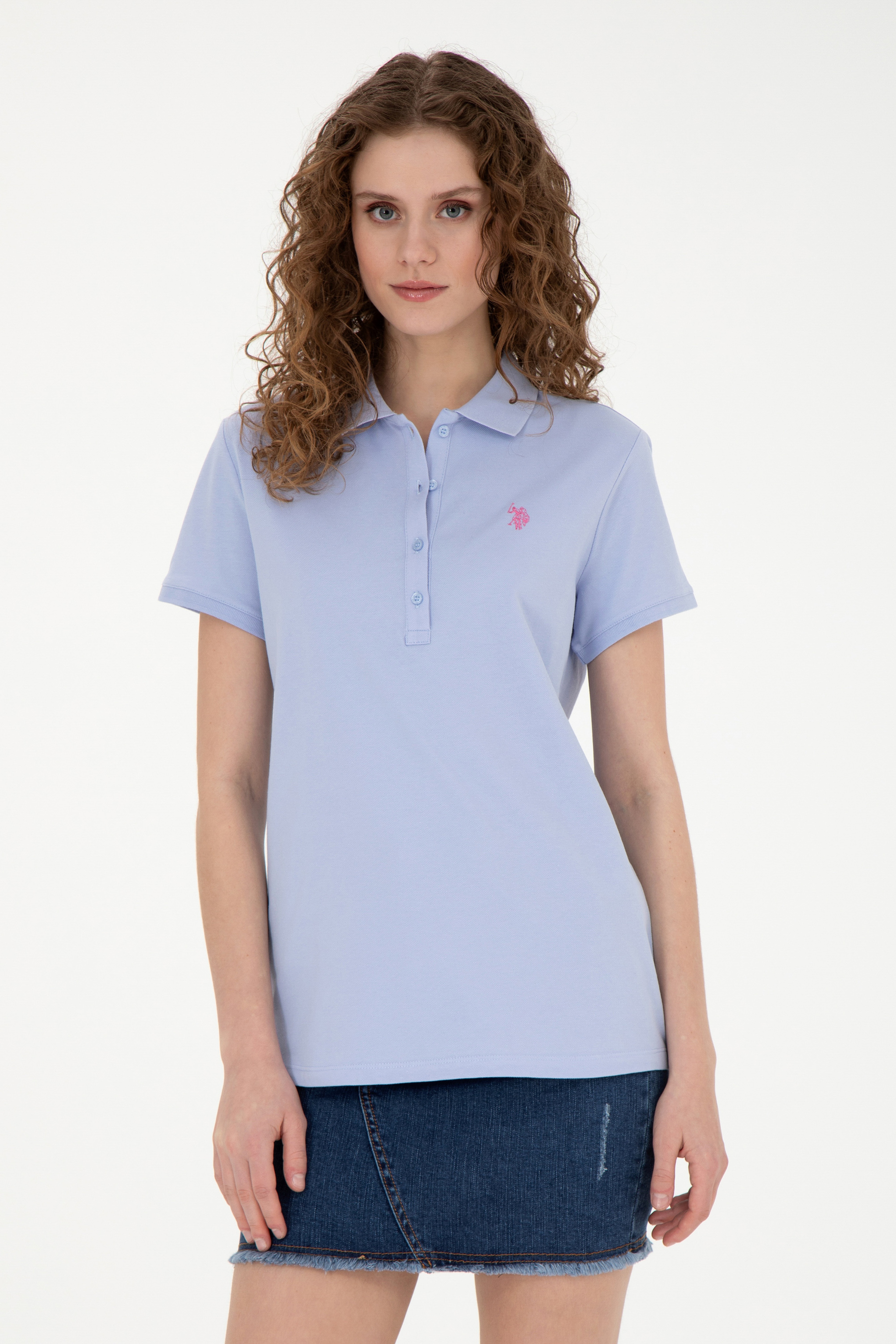 Kadın Mavi Basic Polo Yaka Tişört - Image 3
