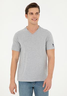 Erkek Regular Fit V Yaka Gri Melanj Basic Tişört - 50284632138