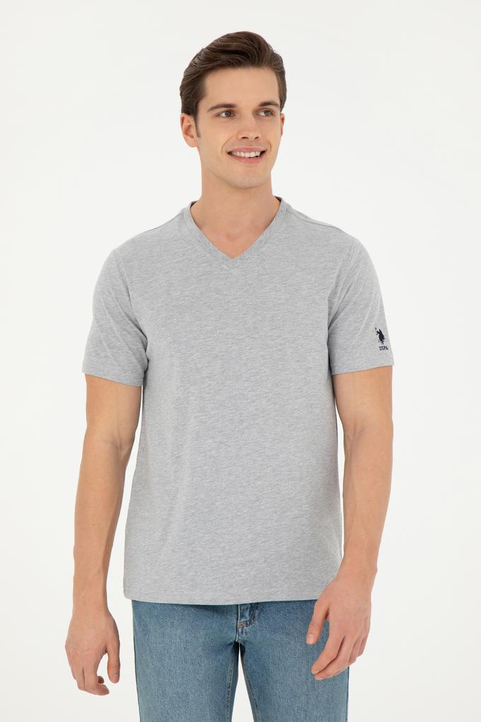 Erkek Regular Fit V Yaka Gri Melanj Basic Tişört