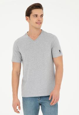 Erkek Regular Fit V Yaka Gri Melanj Basic Tişört - 50284632138