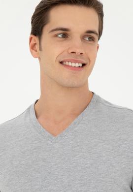 Erkek Regular Fit V Yaka Gri Melanj Basic Tişört - 50284632138