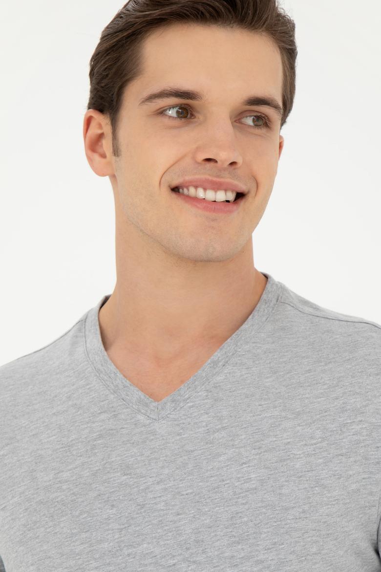 Erkek Regular Fit V Yaka Gri Melanj Basic Tişört - 50284632138