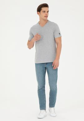 Erkek Regular Fit V Yaka Gri Melanj Basic Tişört - 50284632138