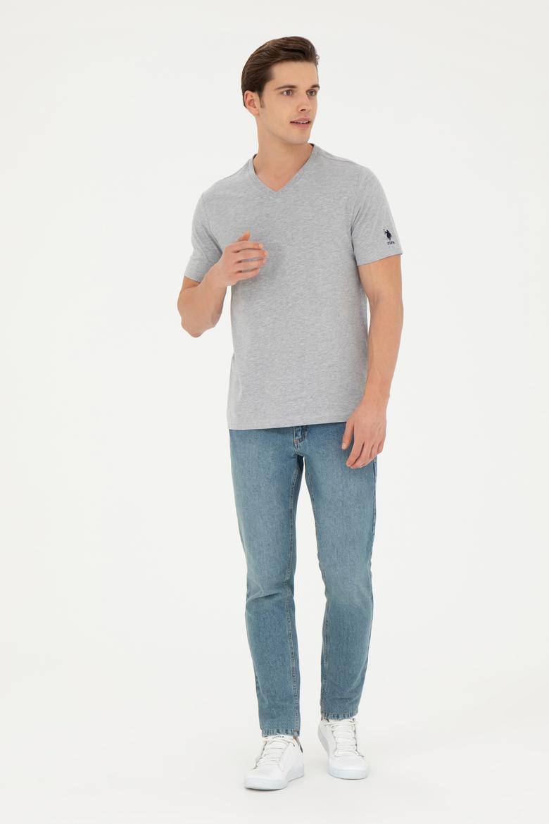 Erkek Regular Fit V Yaka Gri Melanj Basic Tişört - 50284632138