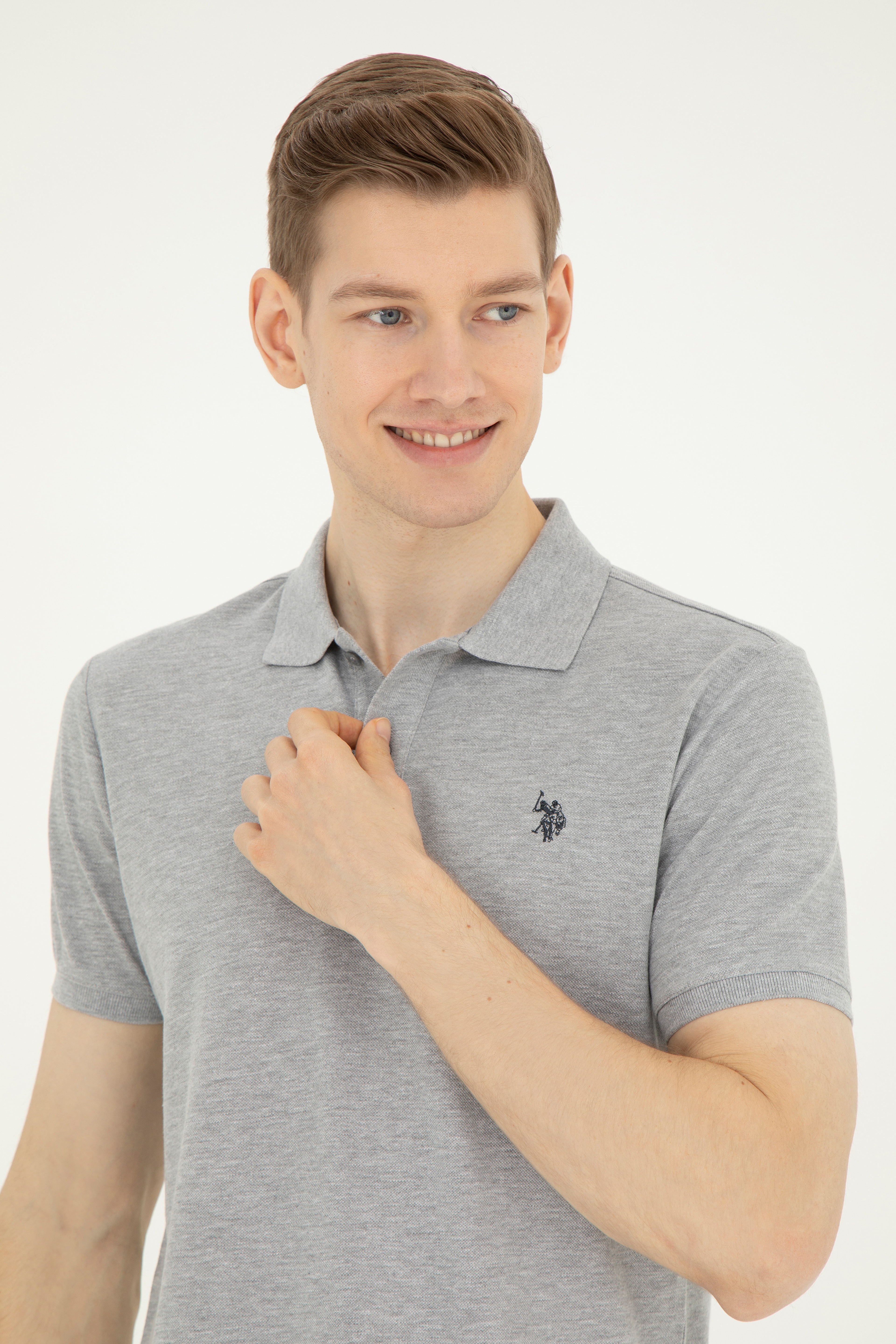 Erkek Slim Fit Polo Yaka Gri Melanj Basic Tişört - Image 2