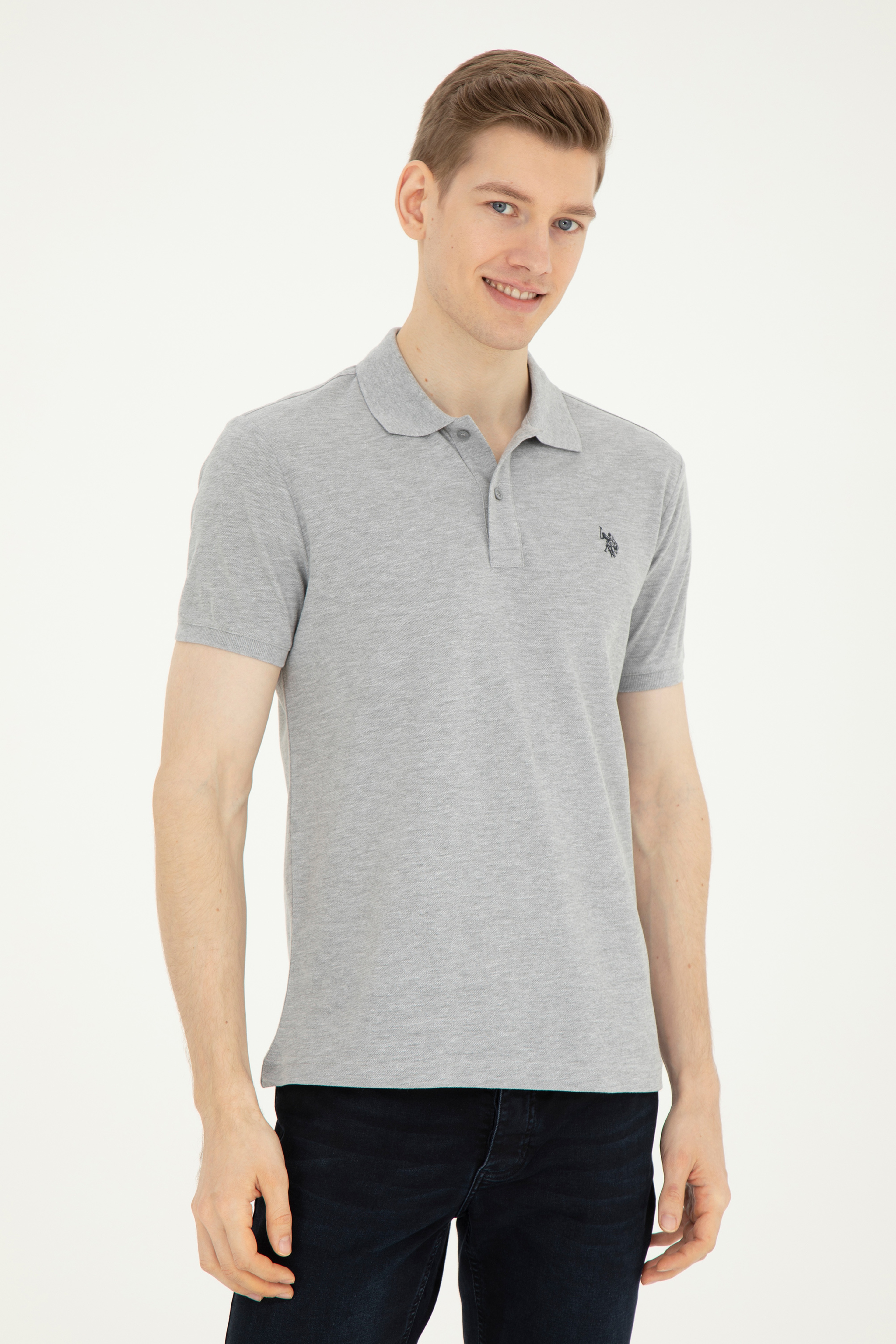 Erkek Slim Fit Polo Yaka Gri Melanj Basic Tişört - Image 3