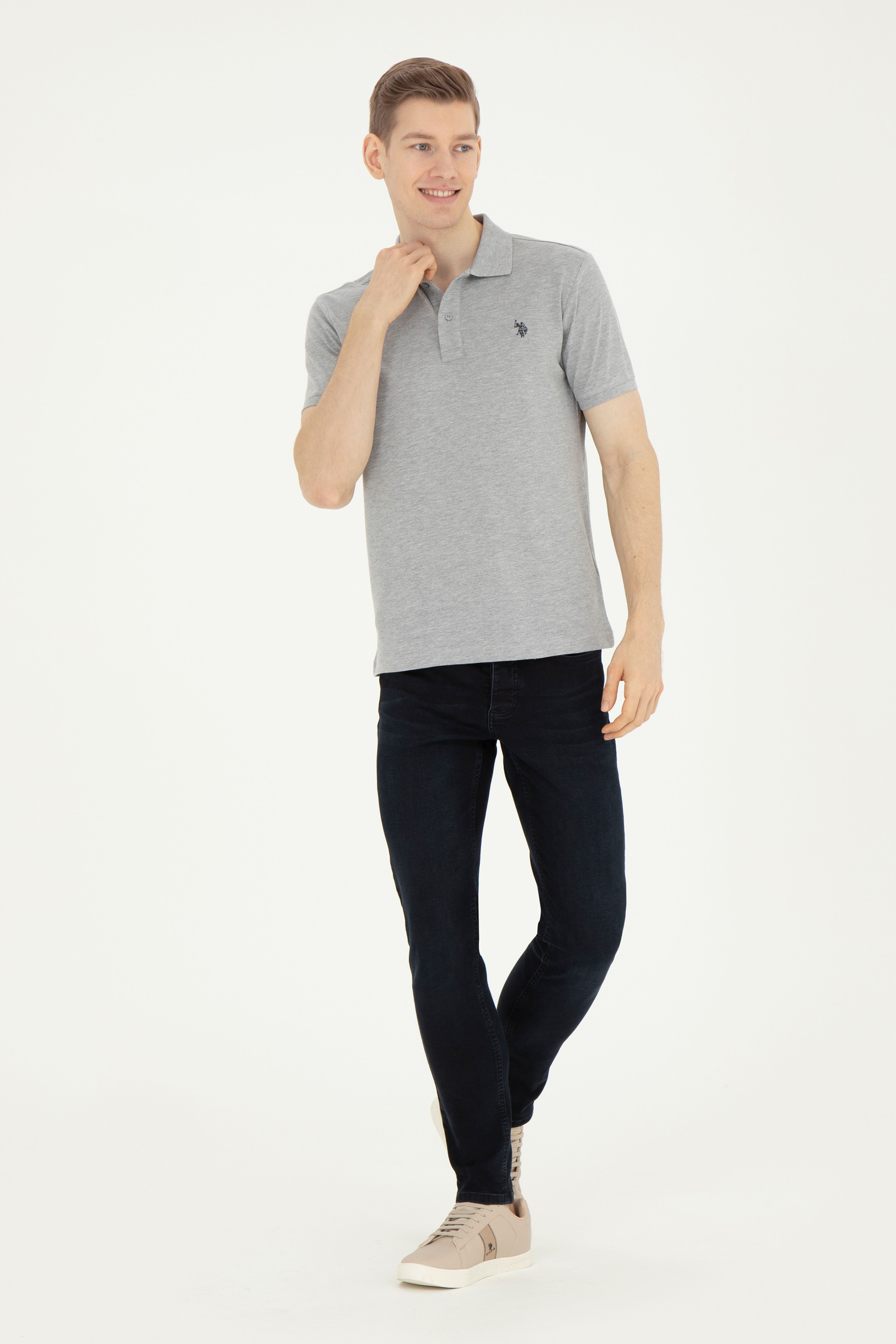 Erkek Slim Fit Polo Yaka Gri Melanj Basic Tişört - Image 4