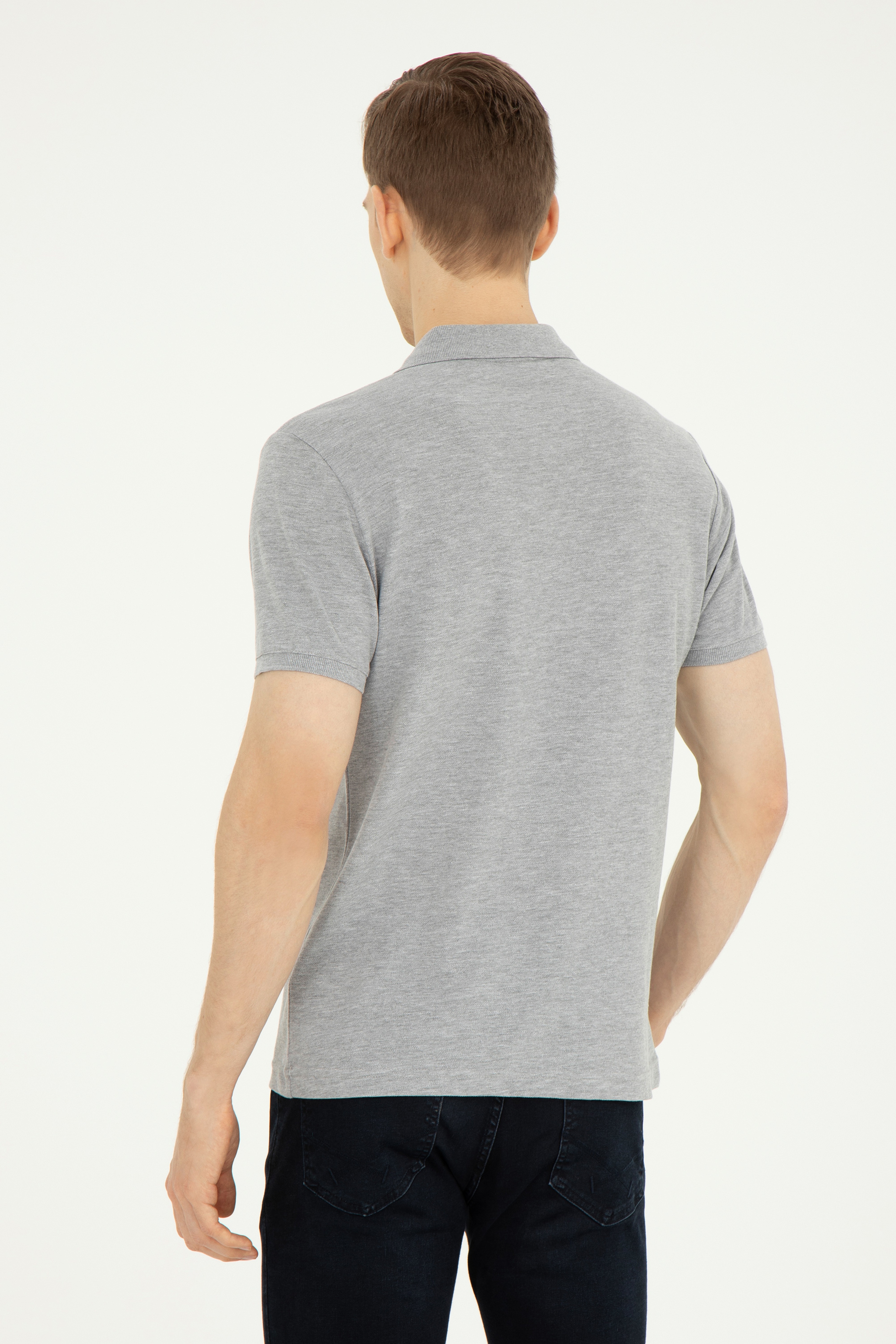 Erkek Slim Fit Polo Yaka Gri Melanj Basic Tişört
