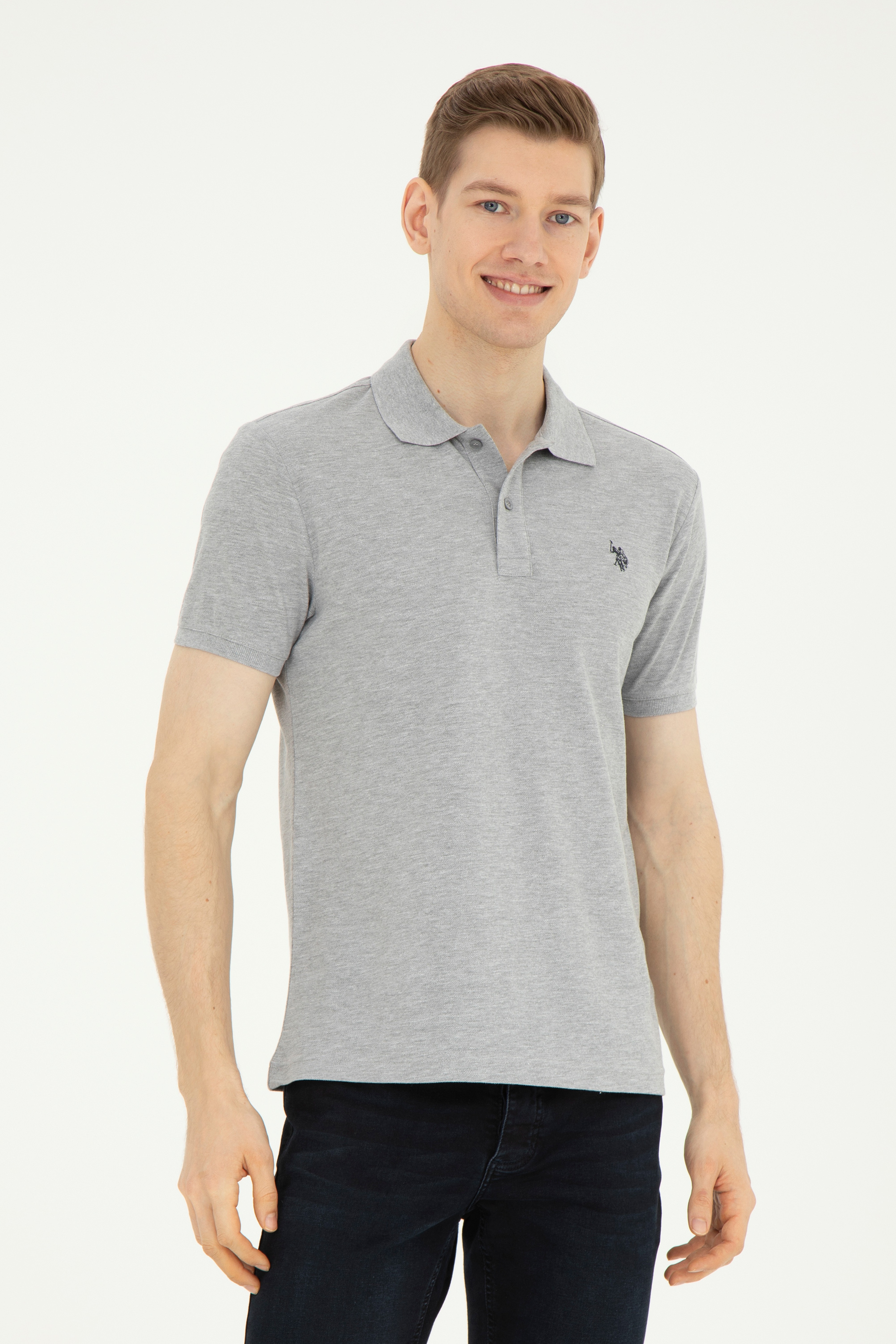 Erkek Slim Fit Polo Yaka Gri Melanj Basic Tişört - Image 1