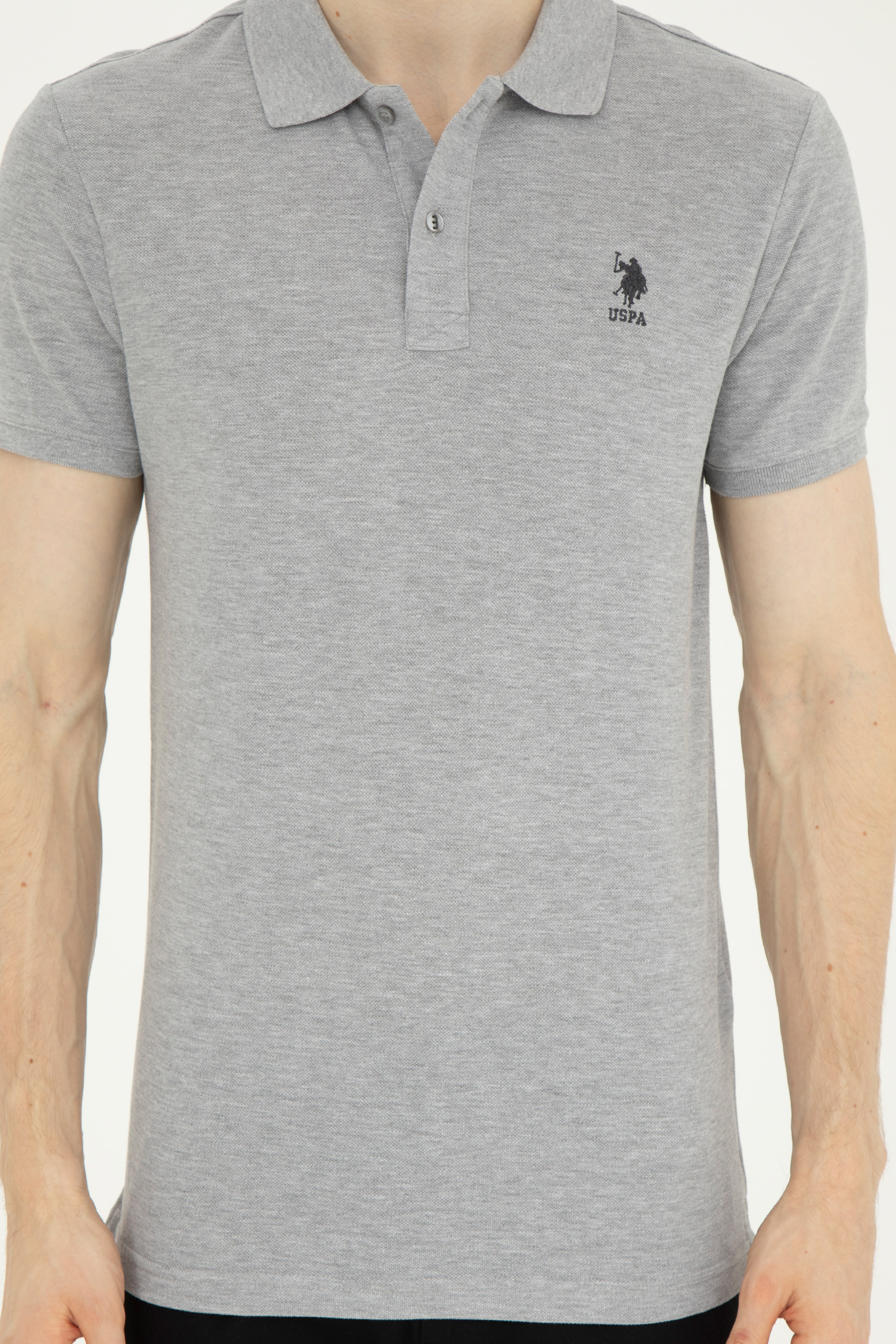 Erkek Slim Fit Polo Yaka Gri Melanj Basic Tişört