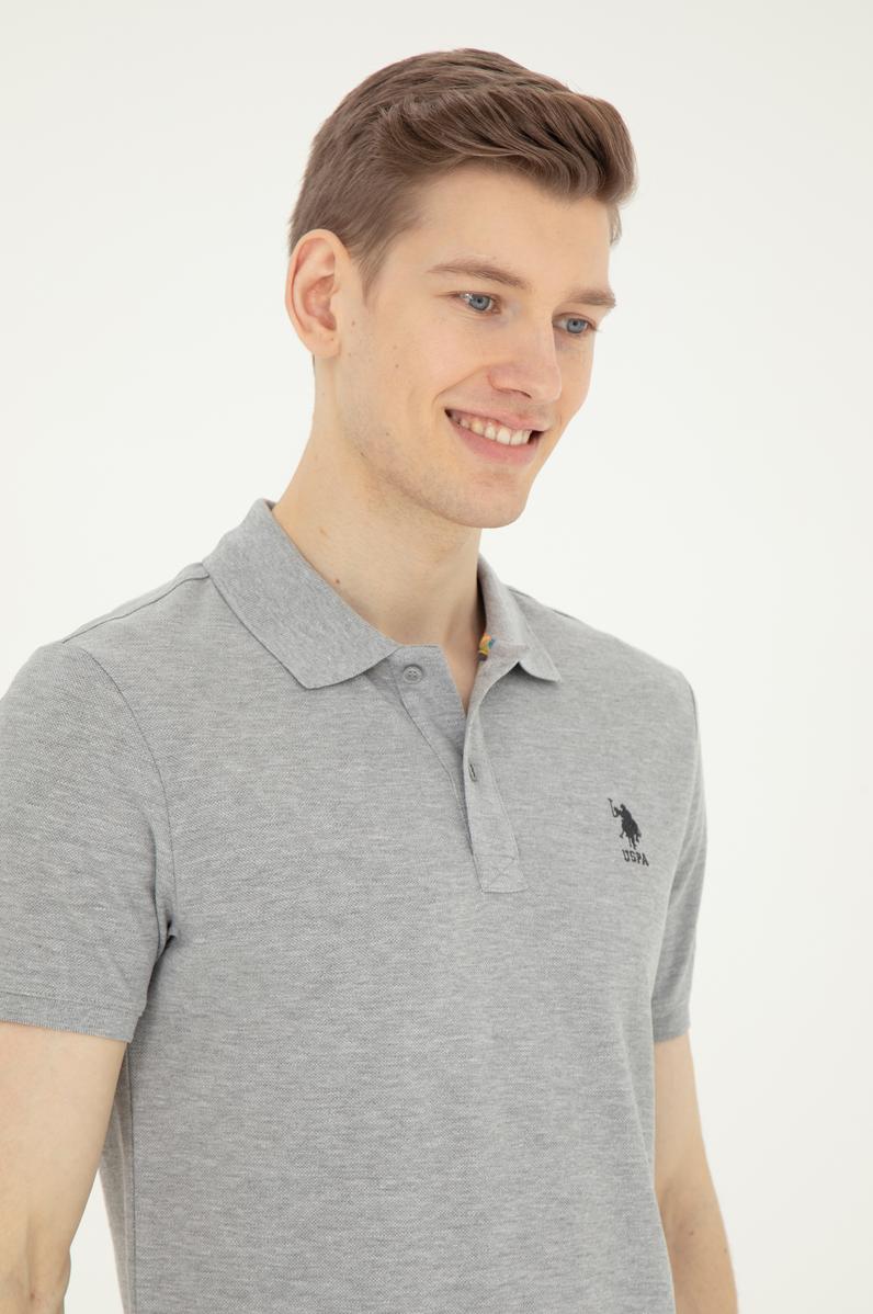 Erkek Slim Fit Polo Yaka Gri Melanj Basic Tişört