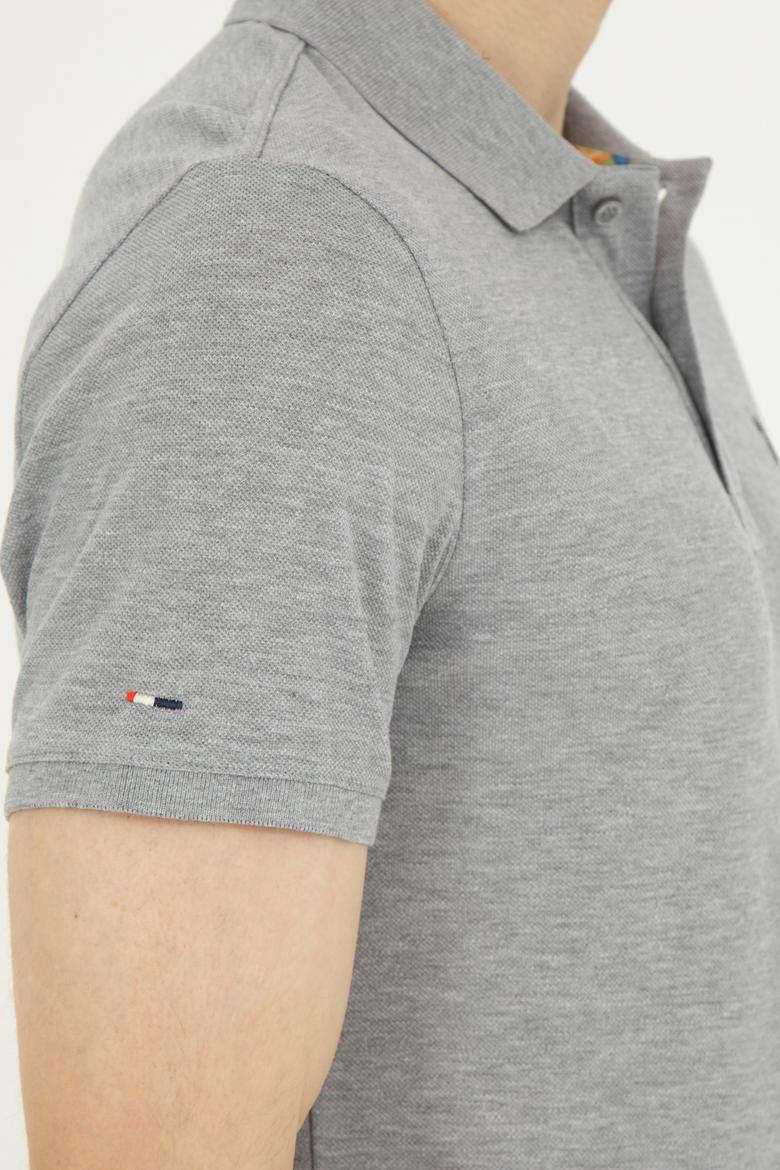 Erkek Slim Fit Polo Yaka Gri Melanj Basic Tişört - 50279613038
