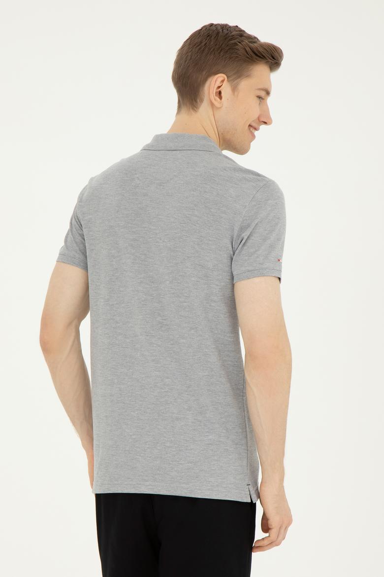 Erkek Slim Fit Polo Yaka Gri Melanj Basic Tişört - 50279613038