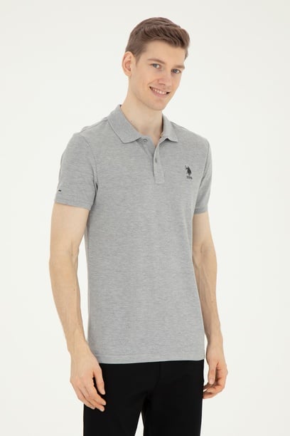 Erkek Slim Fit Polo Yaka Gri Melanj Basic Tişört