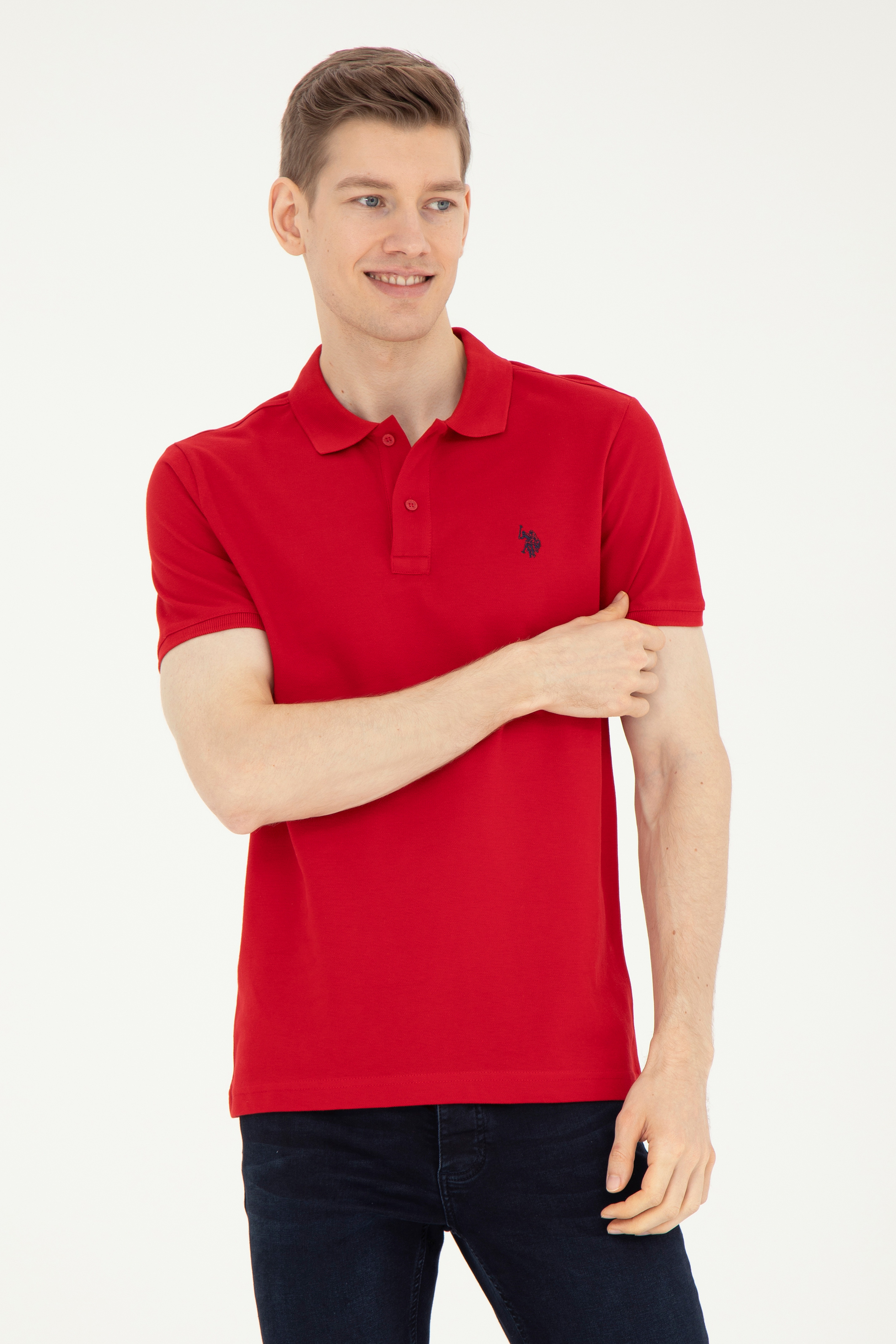 Erkek Slim Fit Polo Yaka Kırmızı Basic Tişört - Image 1