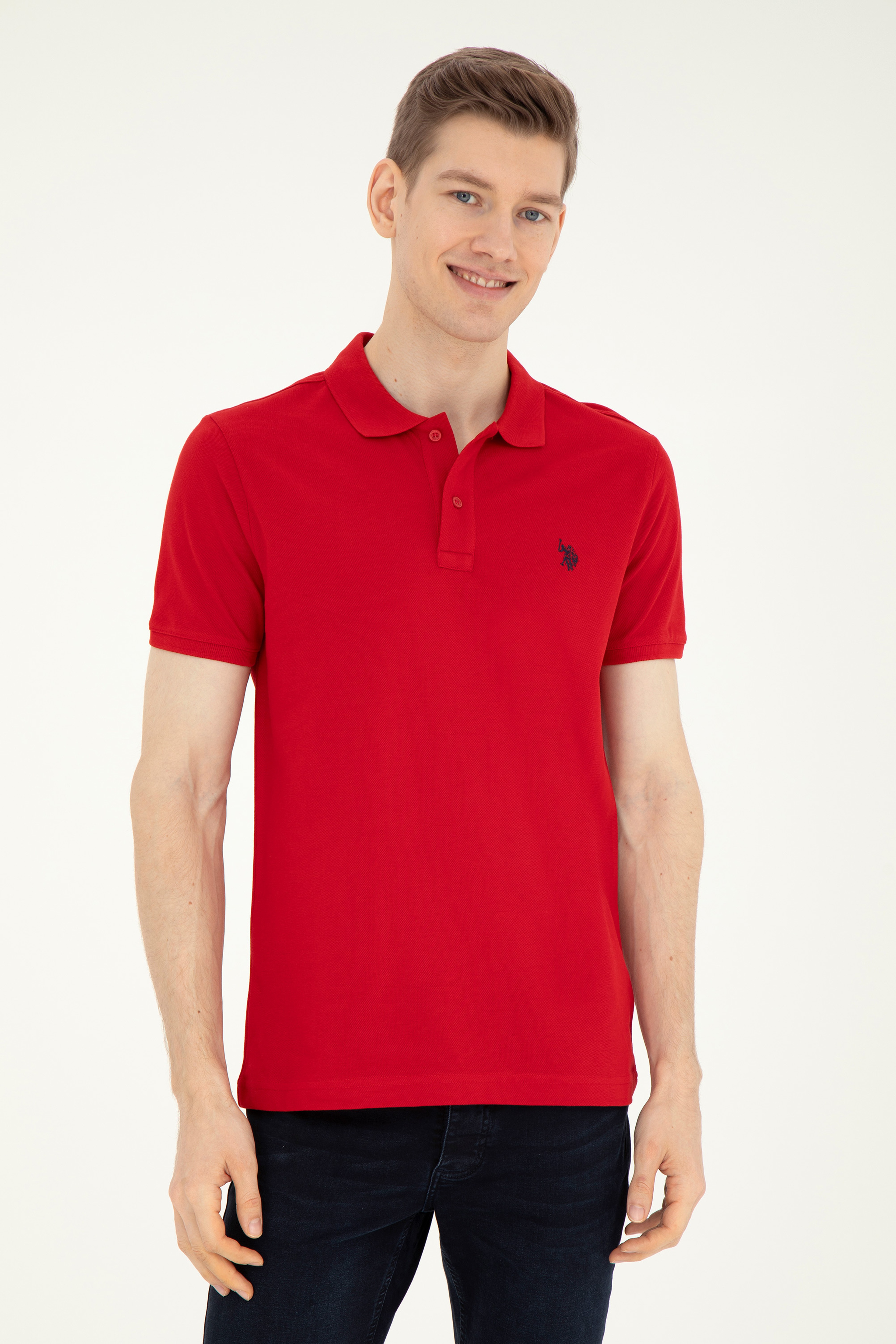 Erkek Slim Fit Polo Yaka Kırmızı Basic Tişört