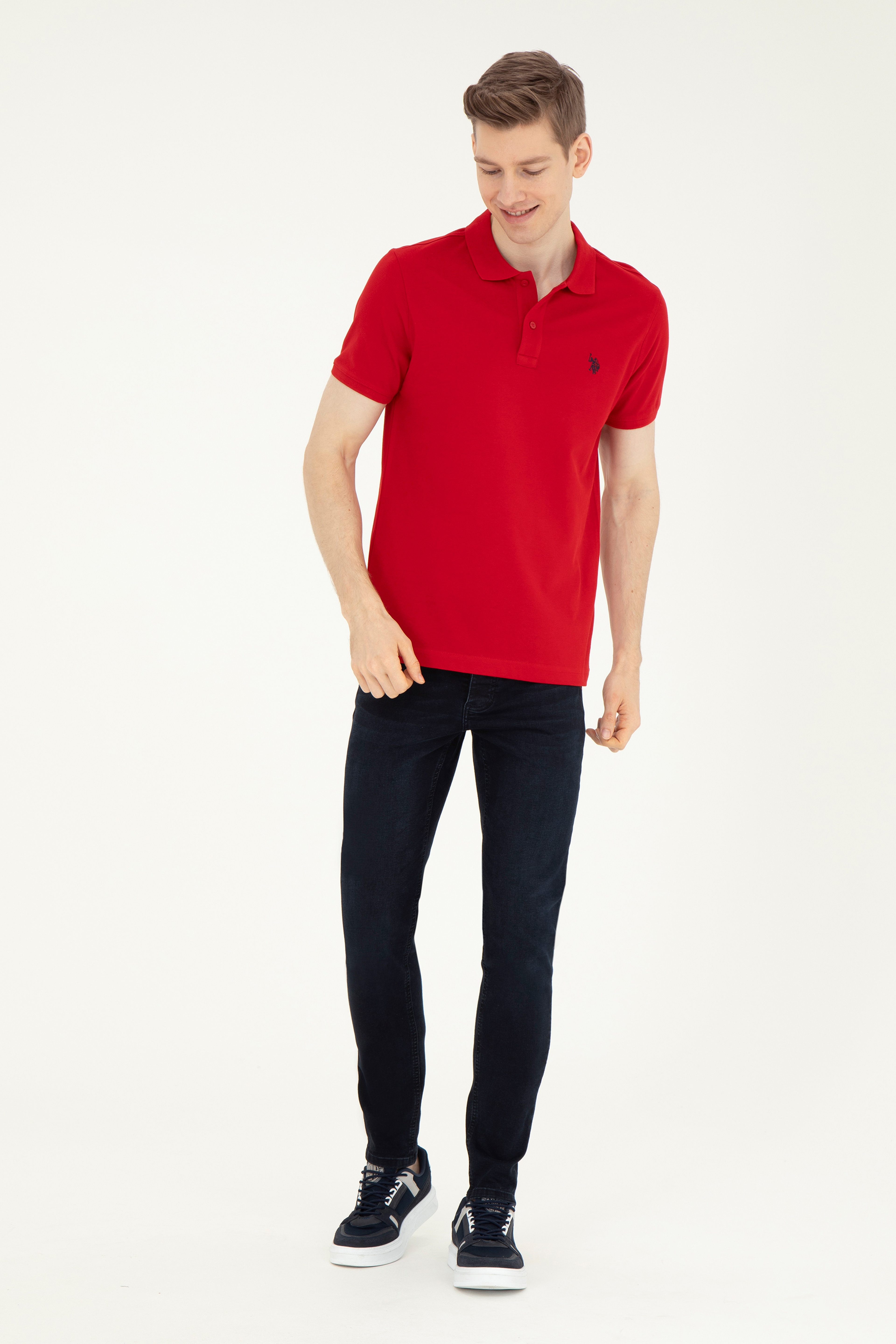 Erkek Slim Fit Polo Yaka Kırmızı Basic Tişört - Image 4