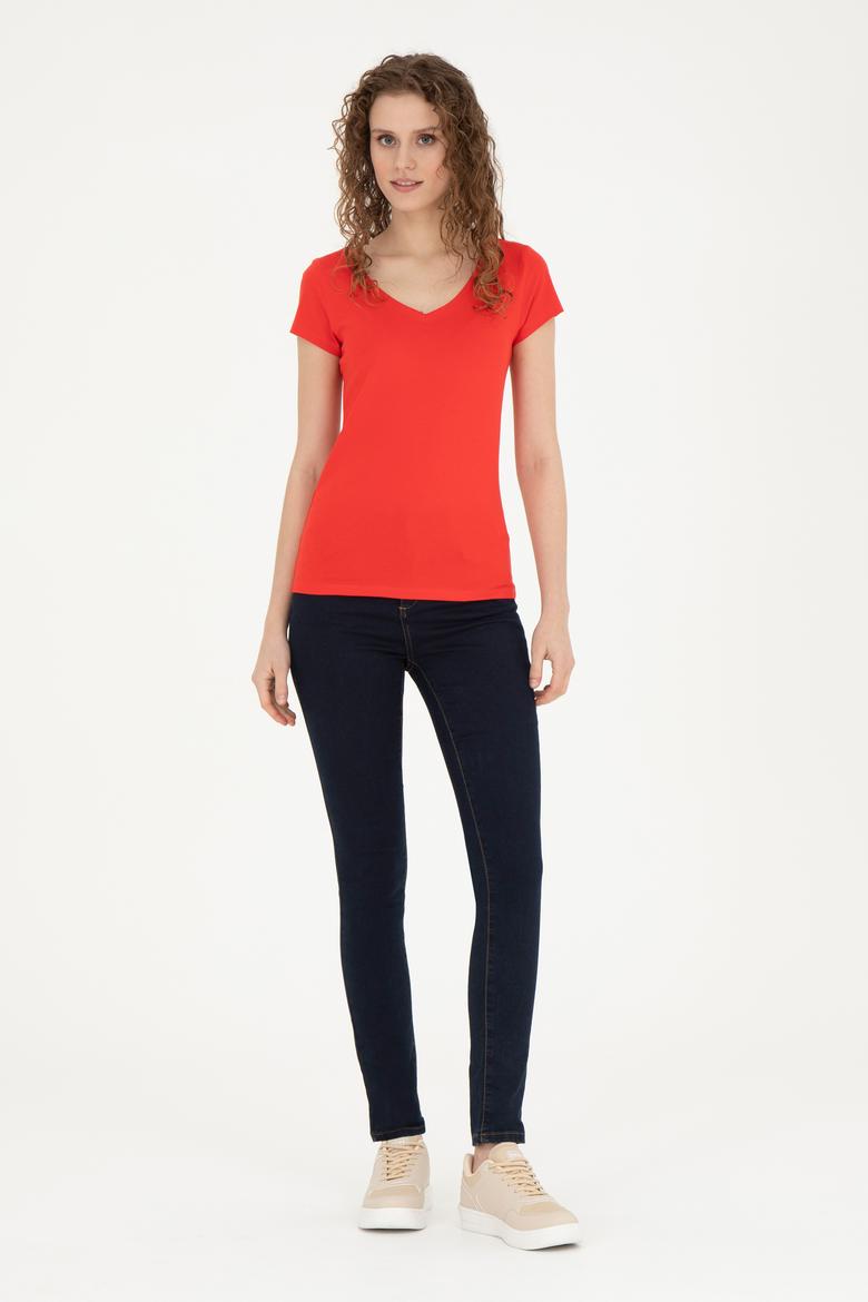 Kadın Kırmızı Basic V Yaka Tişört - 50280068031