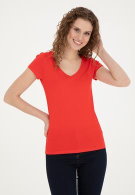 Kadın Kırmızı Basic V Yaka Tişört - 50280068031