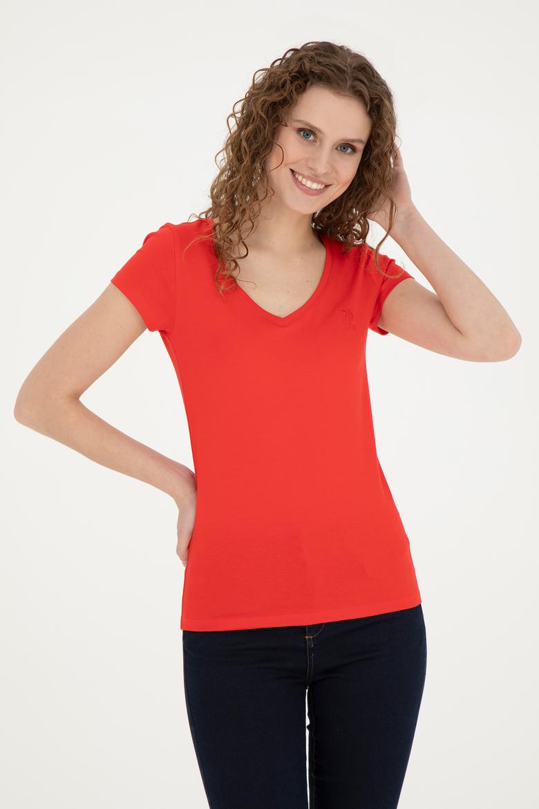 Kadın Kırmızı Basic V Yaka Tişört - 50280068031