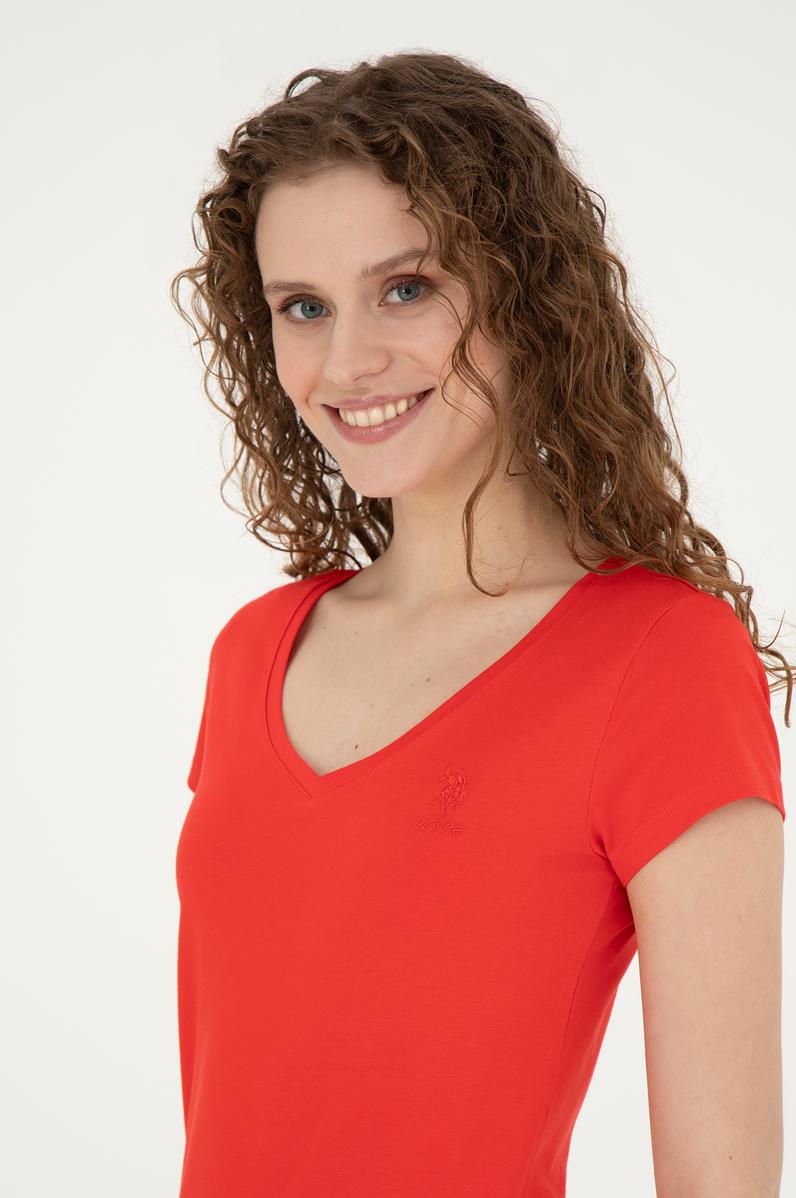 Kadın Kırmızı Basic V Yaka Tişört