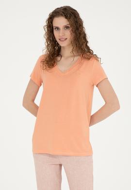 Kadın Somon Basic V Yaka Tişört - 50280019061