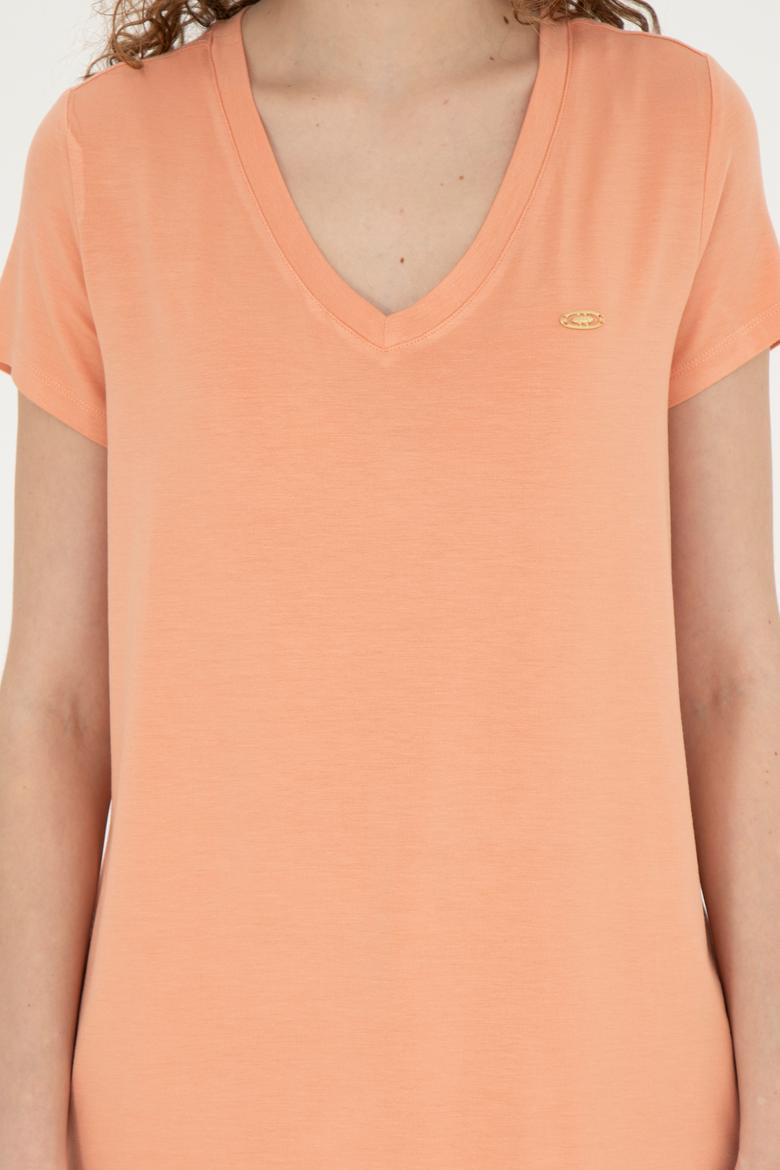 Kadın Somon Basic V Yaka Tişört - 50280019061