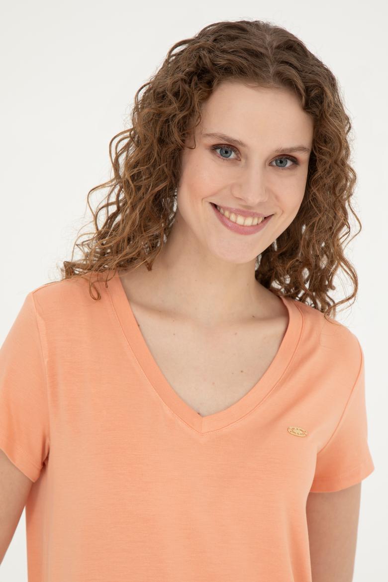 Kadın Somon Basic V Yaka Tişört - 50280019061