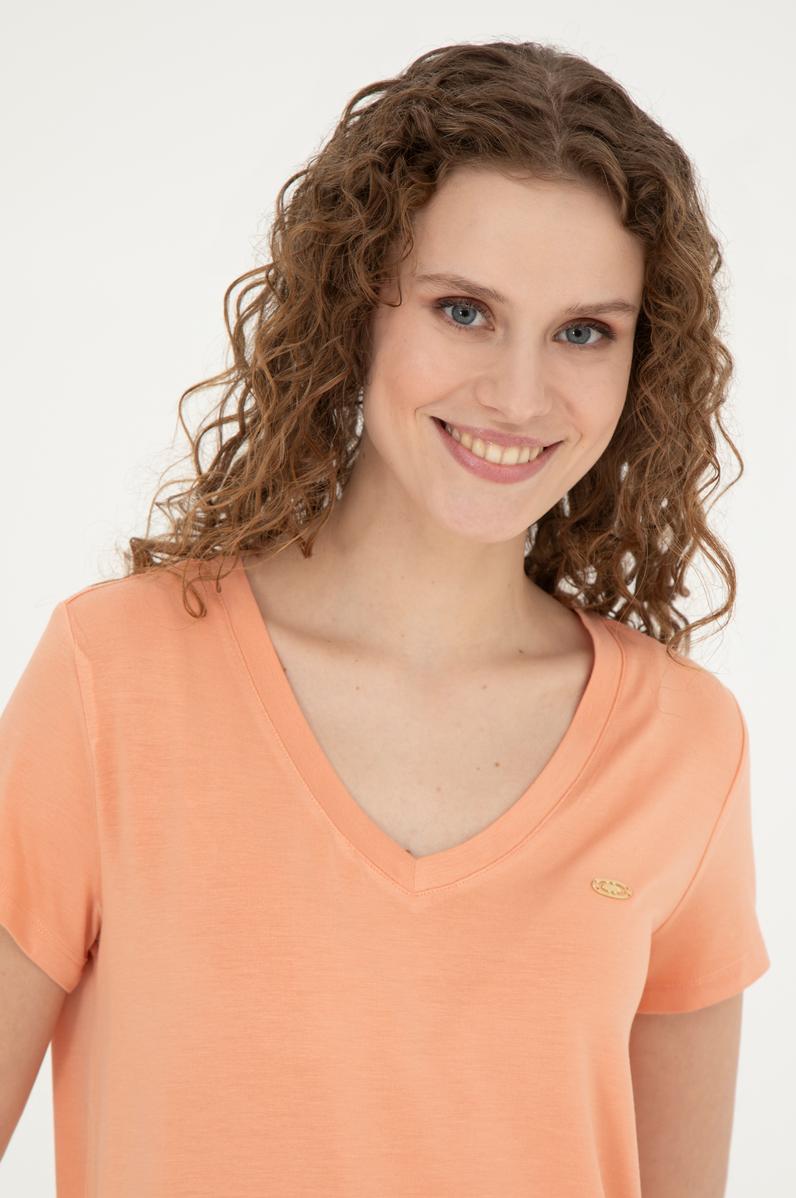 Kadın Somon Basic V Yaka Tişört