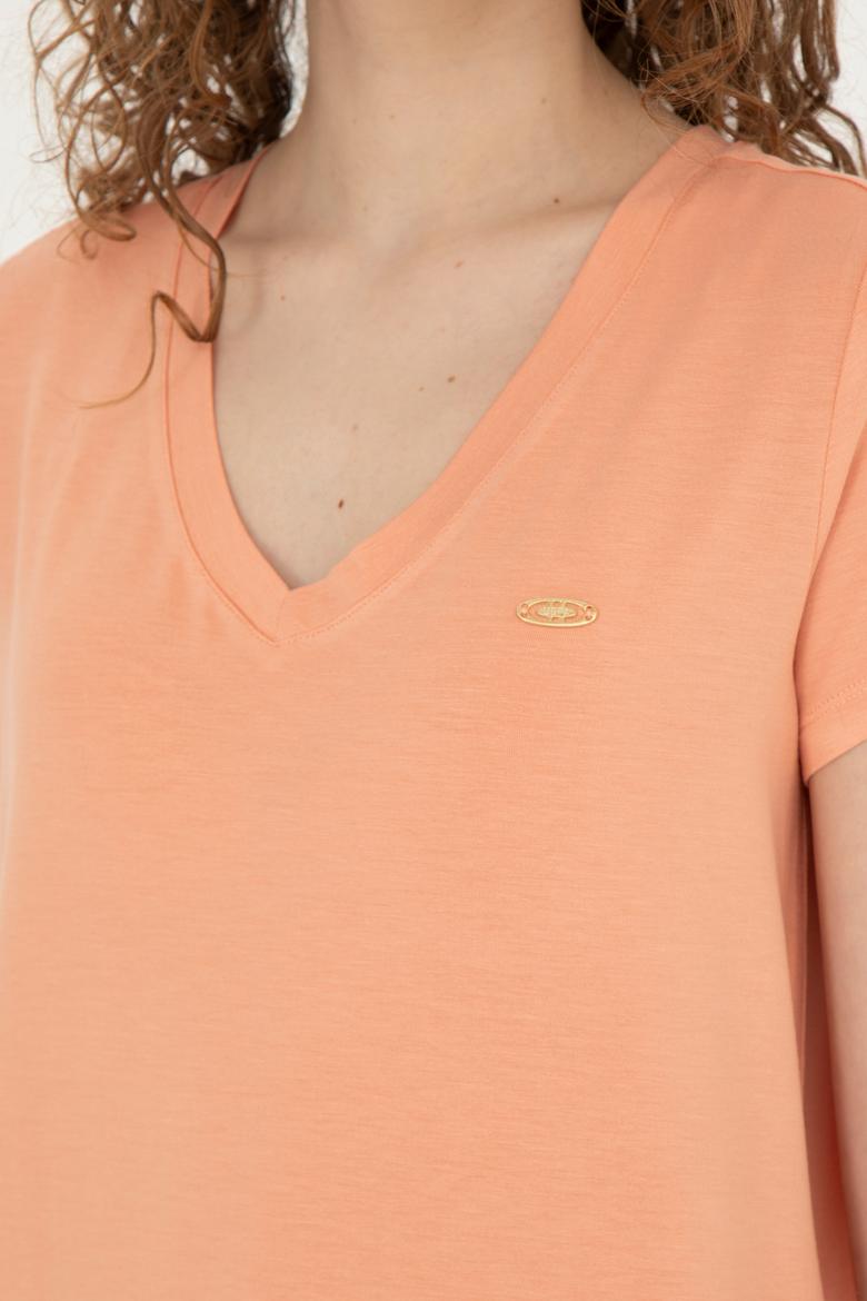Kadın Somon Basic V Yaka Tişört - 50280019061