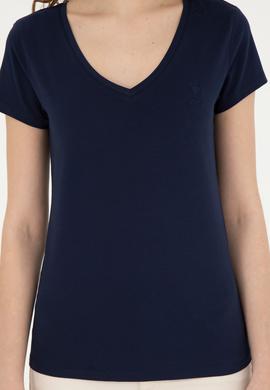 Kadın Lacivert V Yaka Basic Tişört - 50280068013