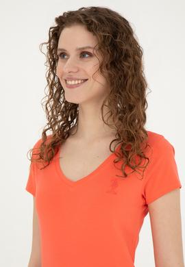 Kadın Nar Çiçeği V Yaka Basic Tişört - 50280068053