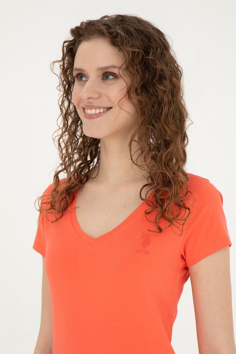 Kadın Nar Çiçeği V Yaka Basic Tişört - 50280068053