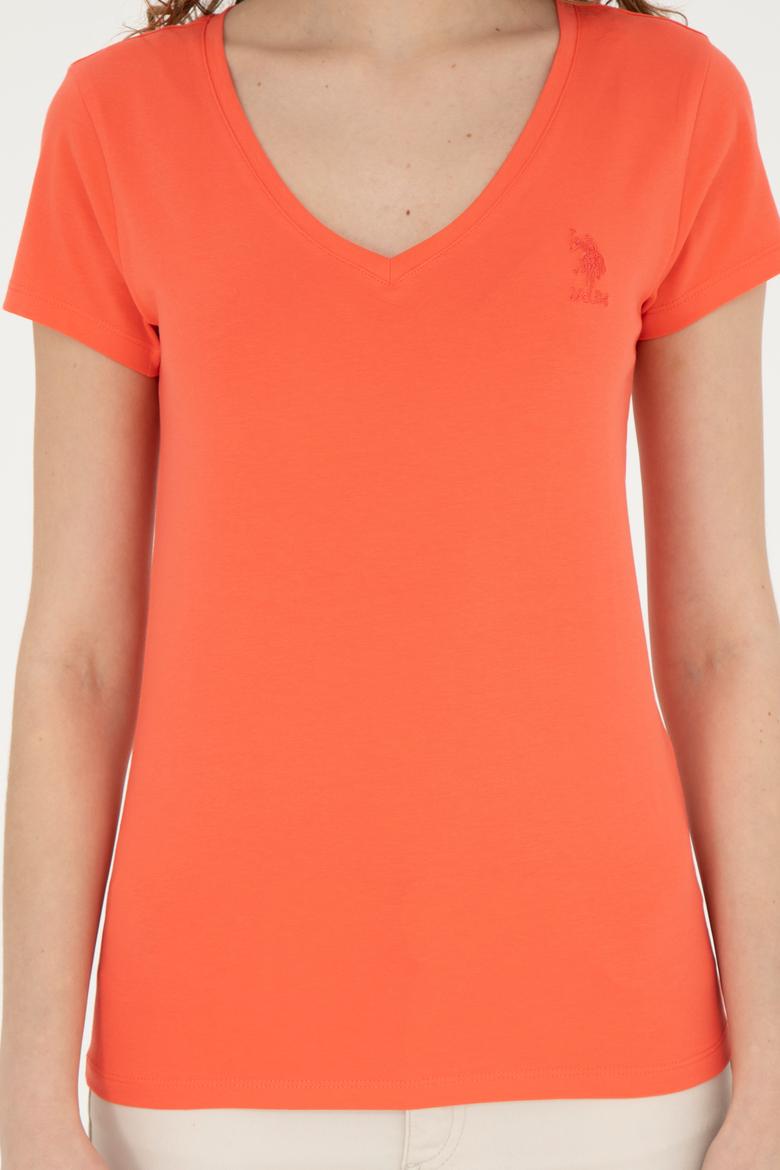 Kadın Nar Çiçeği V Yaka Basic Tişört - 50280068053