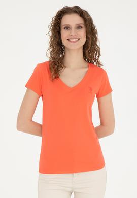 Kadın Nar Çiçeği V Yaka Basic Tişört - 50280068053