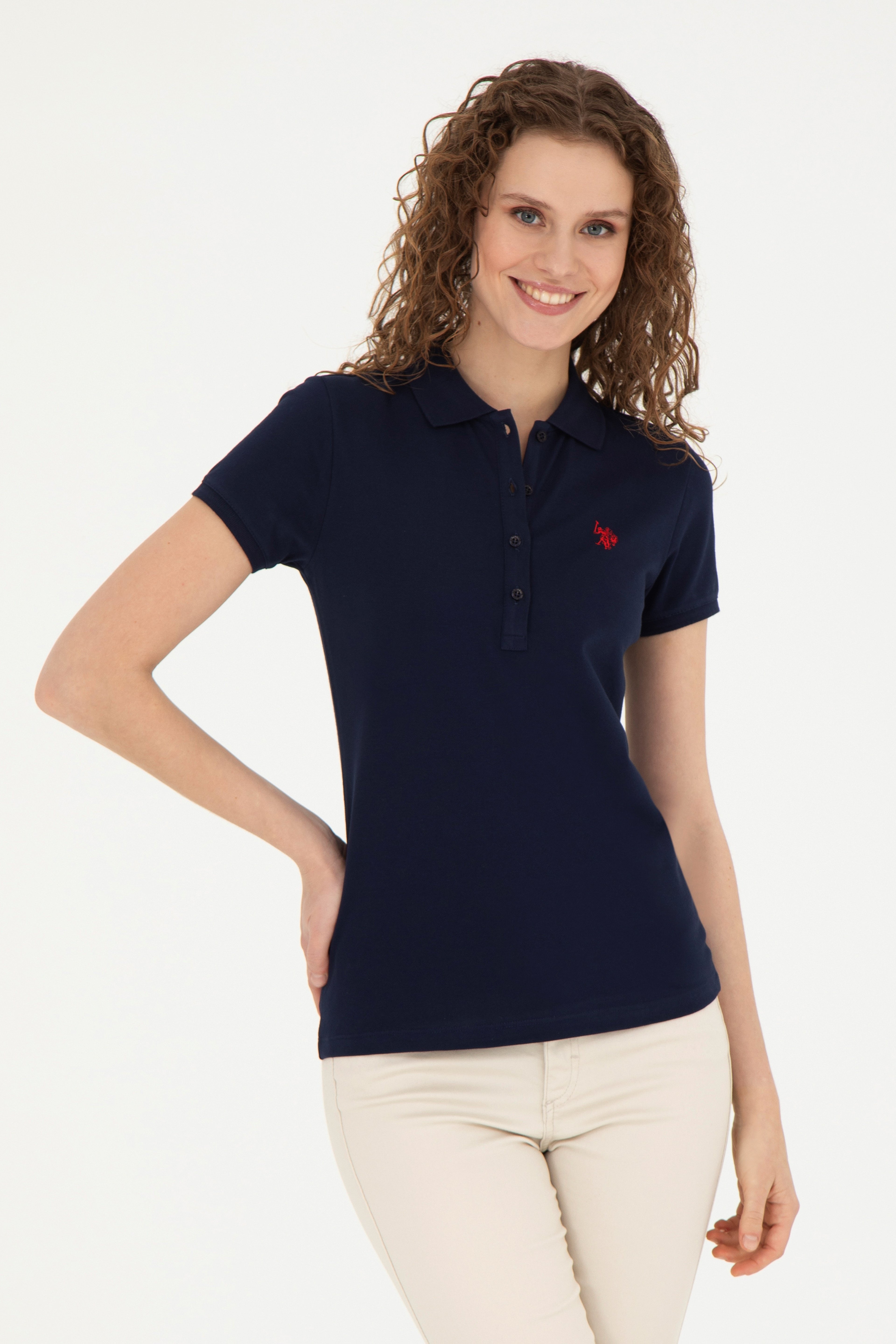 Kadın Lacivert Basic Polo Yaka Tişört - Image 3