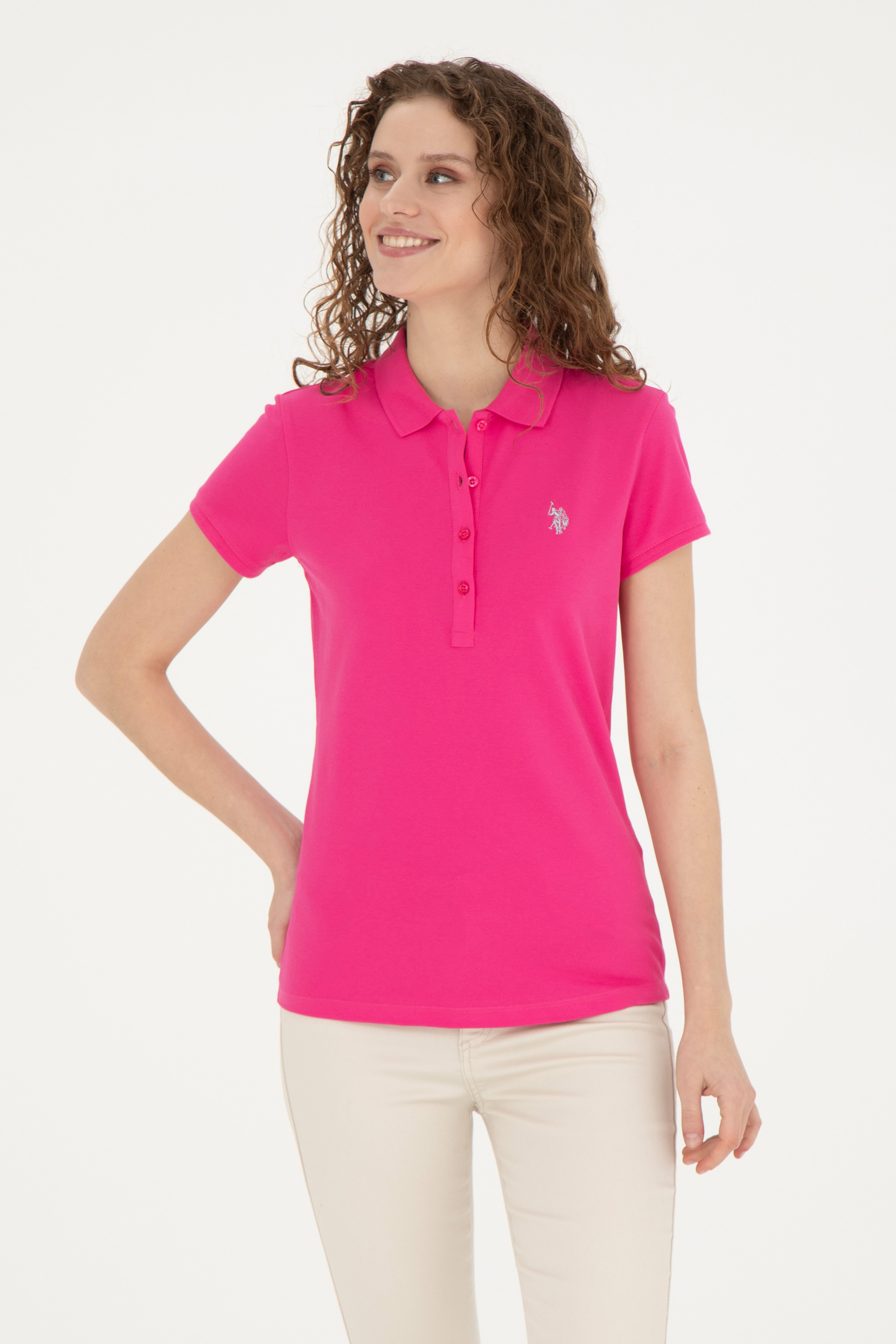 Kadın Fuşya Basic Polo Yaka Tişört