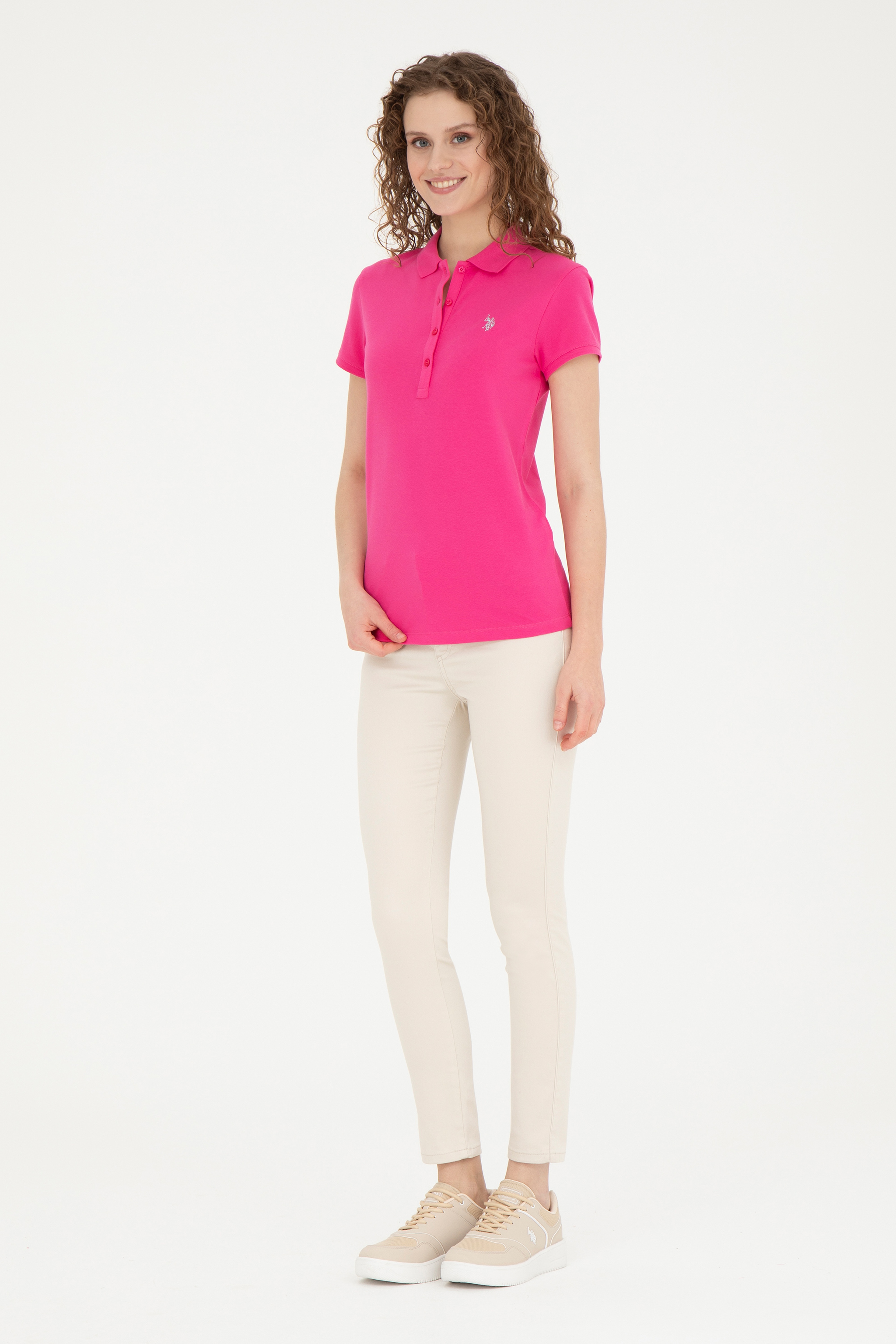 Kadın Fuşya Basic Polo Yaka Tişört - Image 4