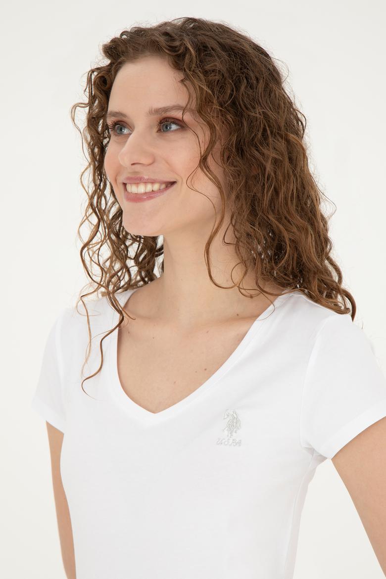 Kadın Beyaz V Yaka Basic Tişört - 50280068006