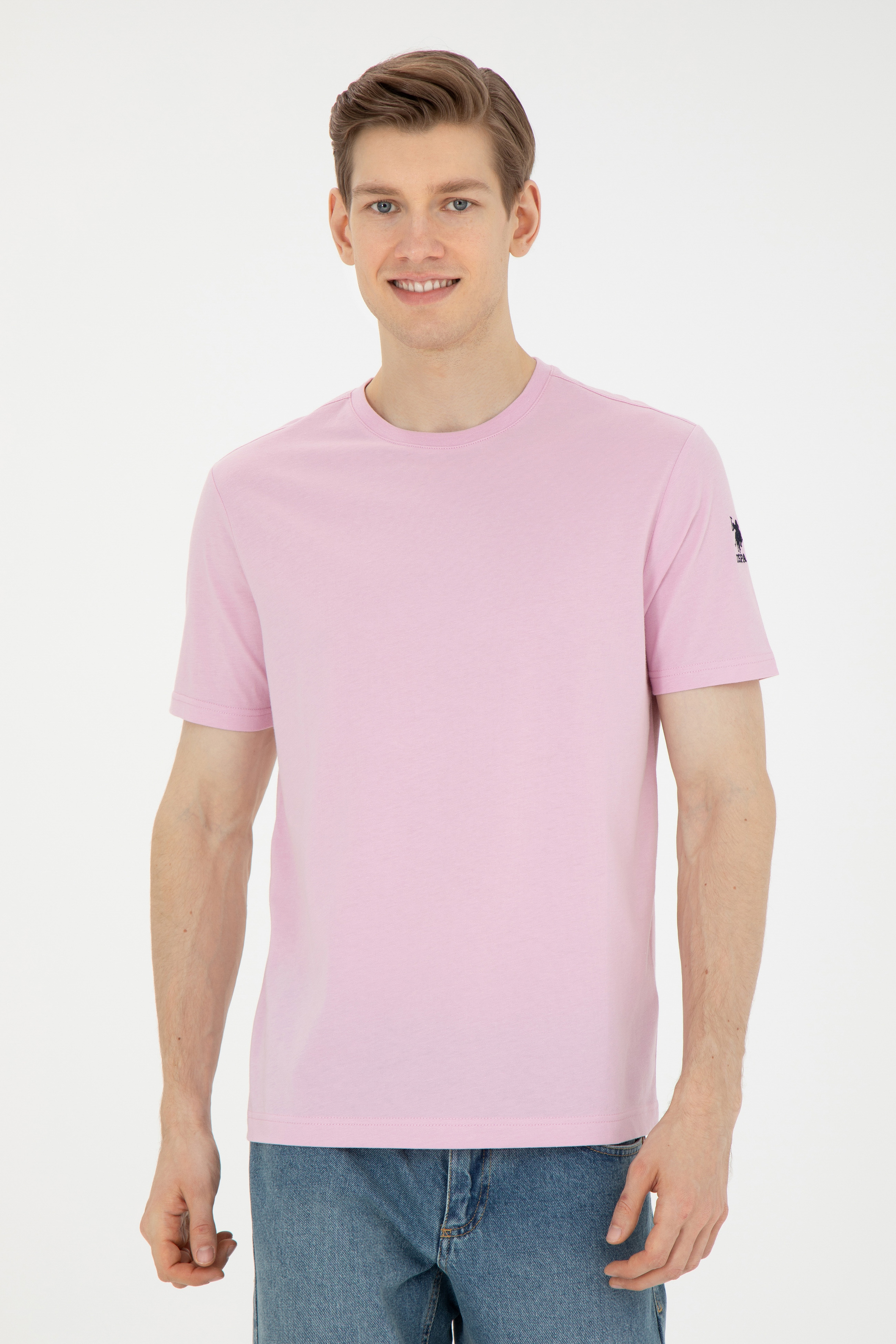 Erkek Regular Fit Bisiklet Yaka Pembe Basic Tişört - Image 1