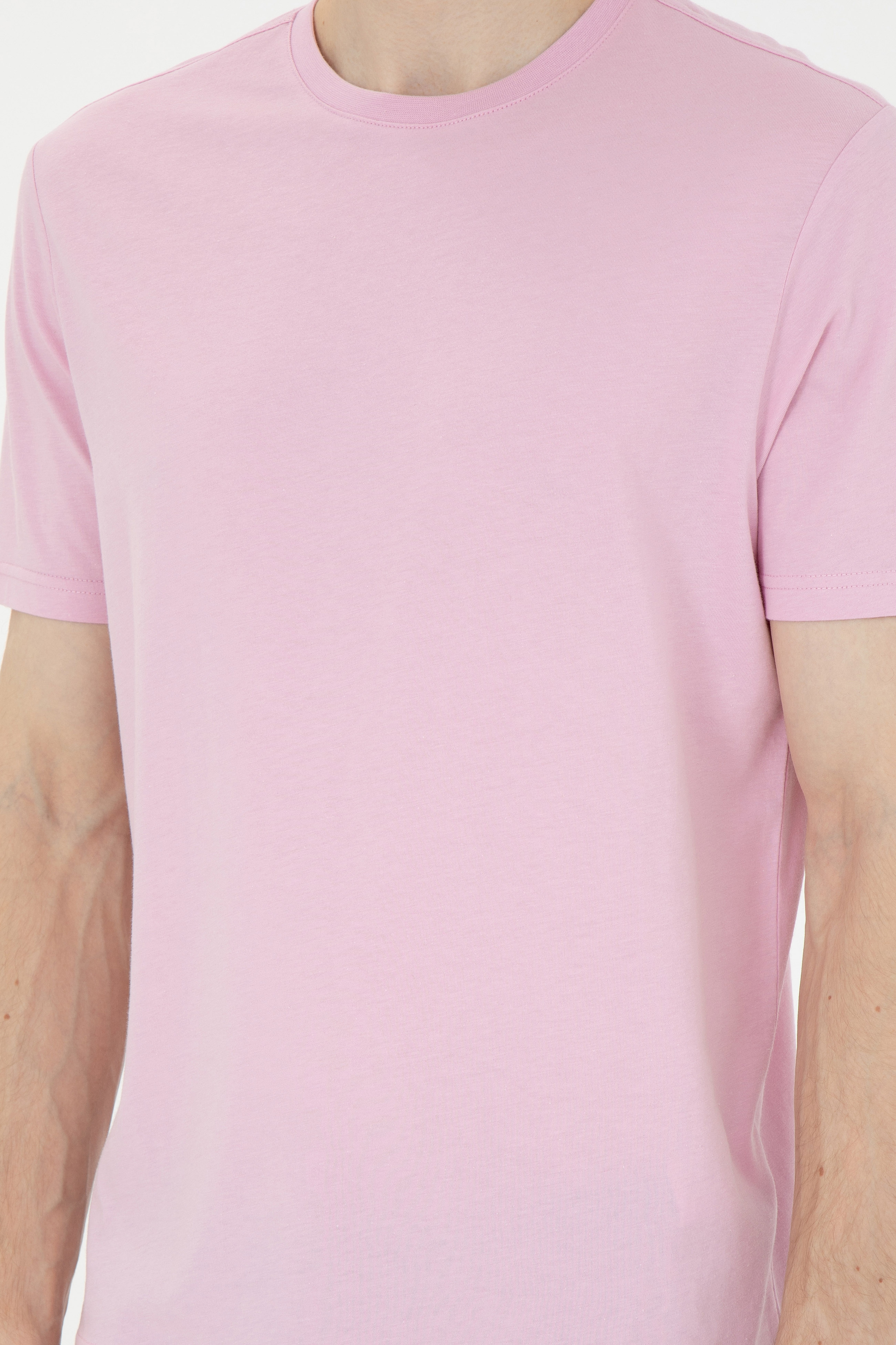Erkek Regular Fit Bisiklet Yaka Pembe Basic Tişört - Image 6