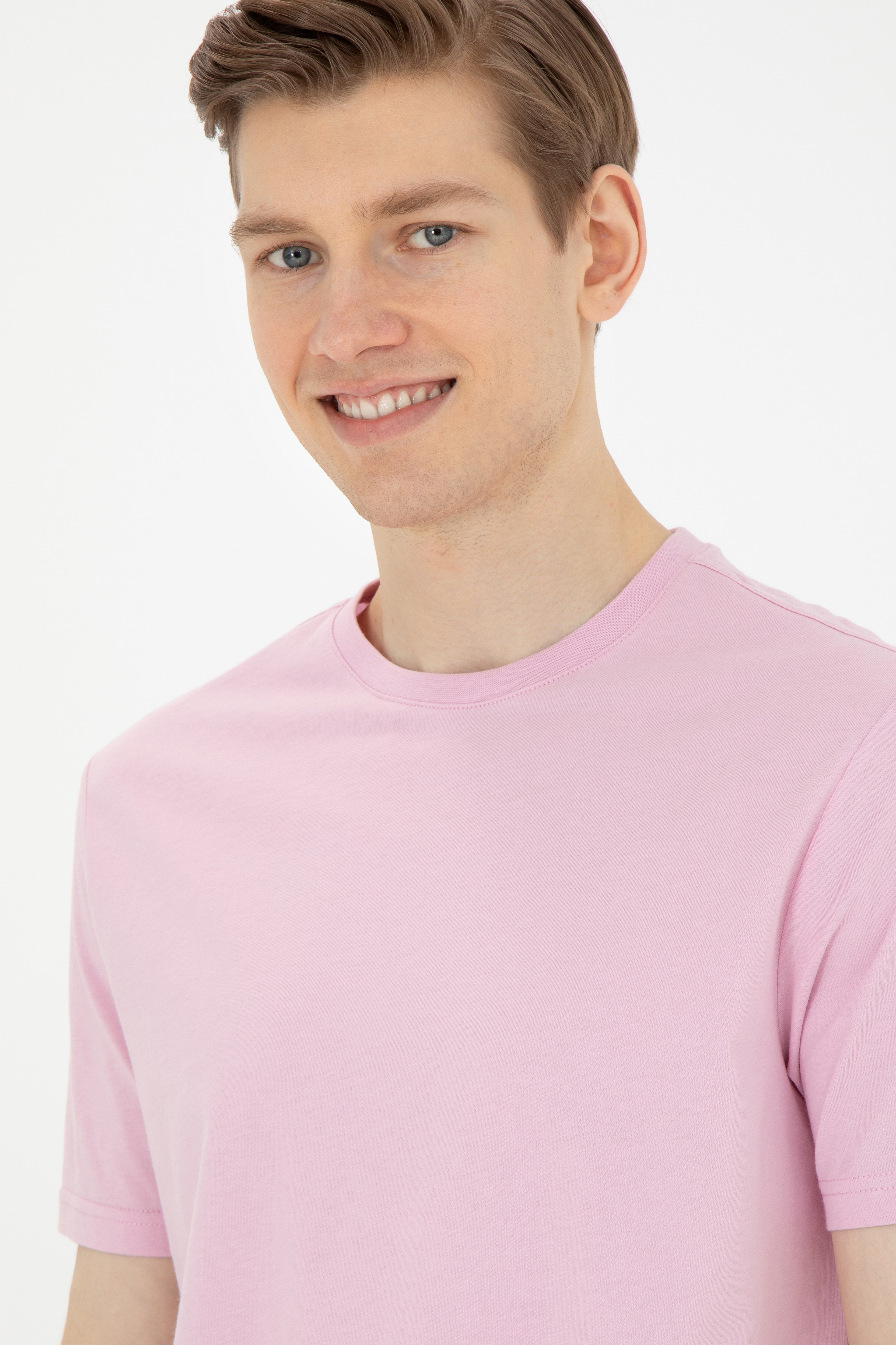 Erkek Regular Fit Bisiklet Yaka Pembe Basic Tişört - Image 2
