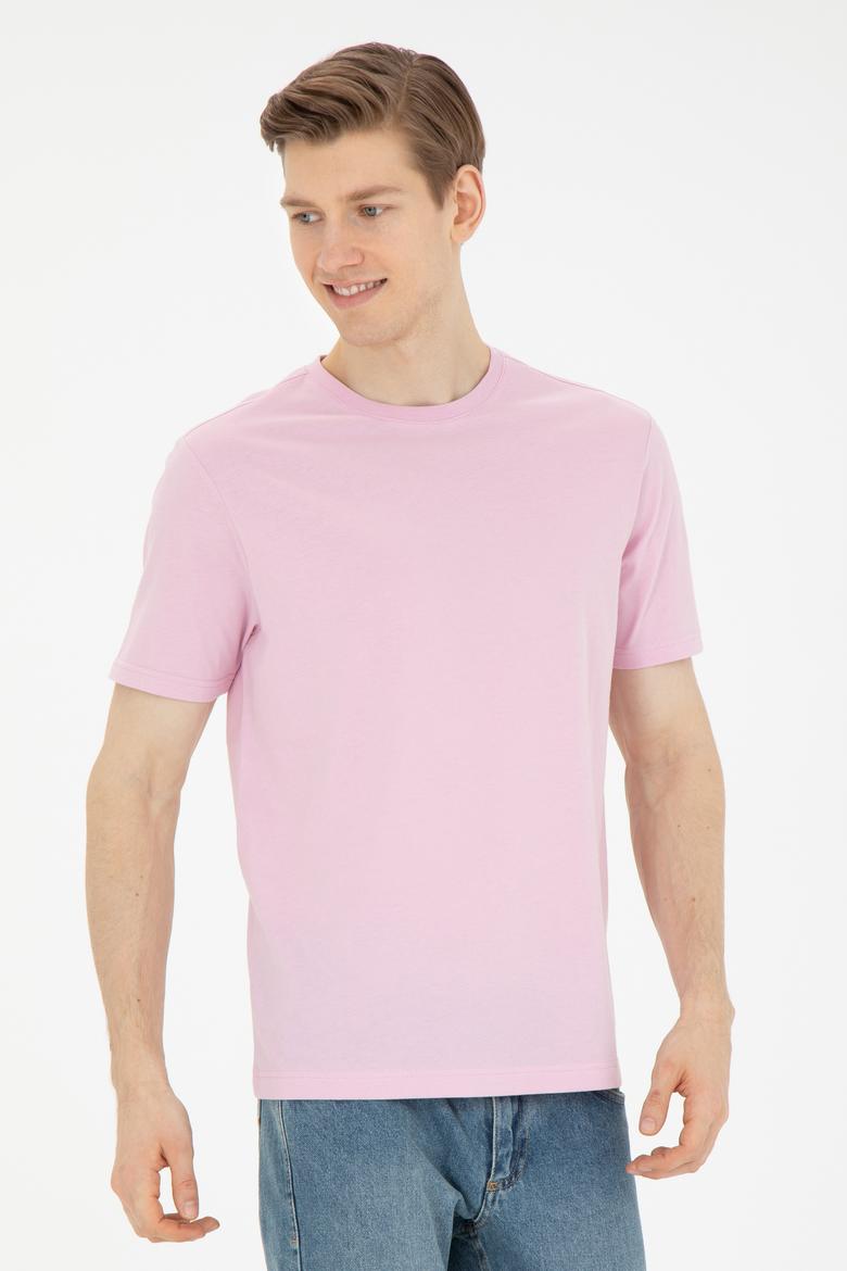 Erkek Regular Fit Bisiklet Yaka Pembe Basic Tişört - 50284618071