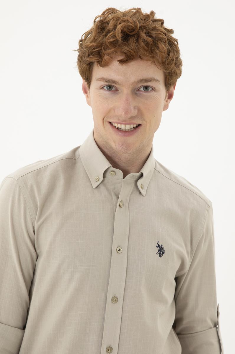 Erkek Keten Görünümlü Haki Basic Gömlek