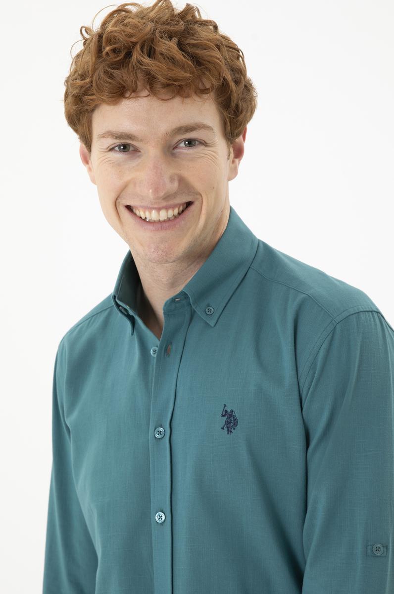 Erkek Keten Görünümlü Dark Eden Basic Gömlek