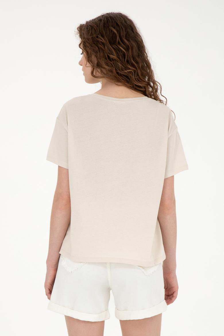 Kadın Krem Bisiklet Yaka Tişört - 50286051016