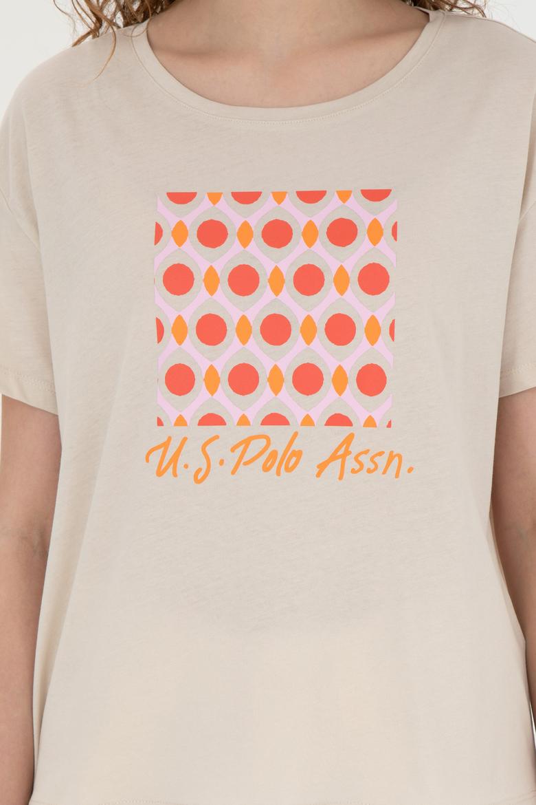 Kadın Krem Bisiklet Yaka Tişört - 50286051016