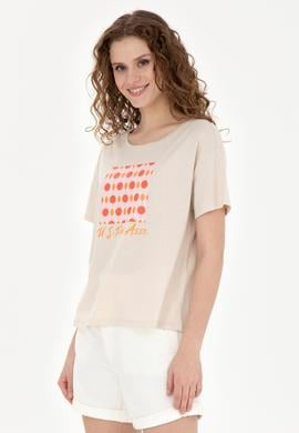 Kadın Krem Bisiklet Yaka Tişört - 50286051016