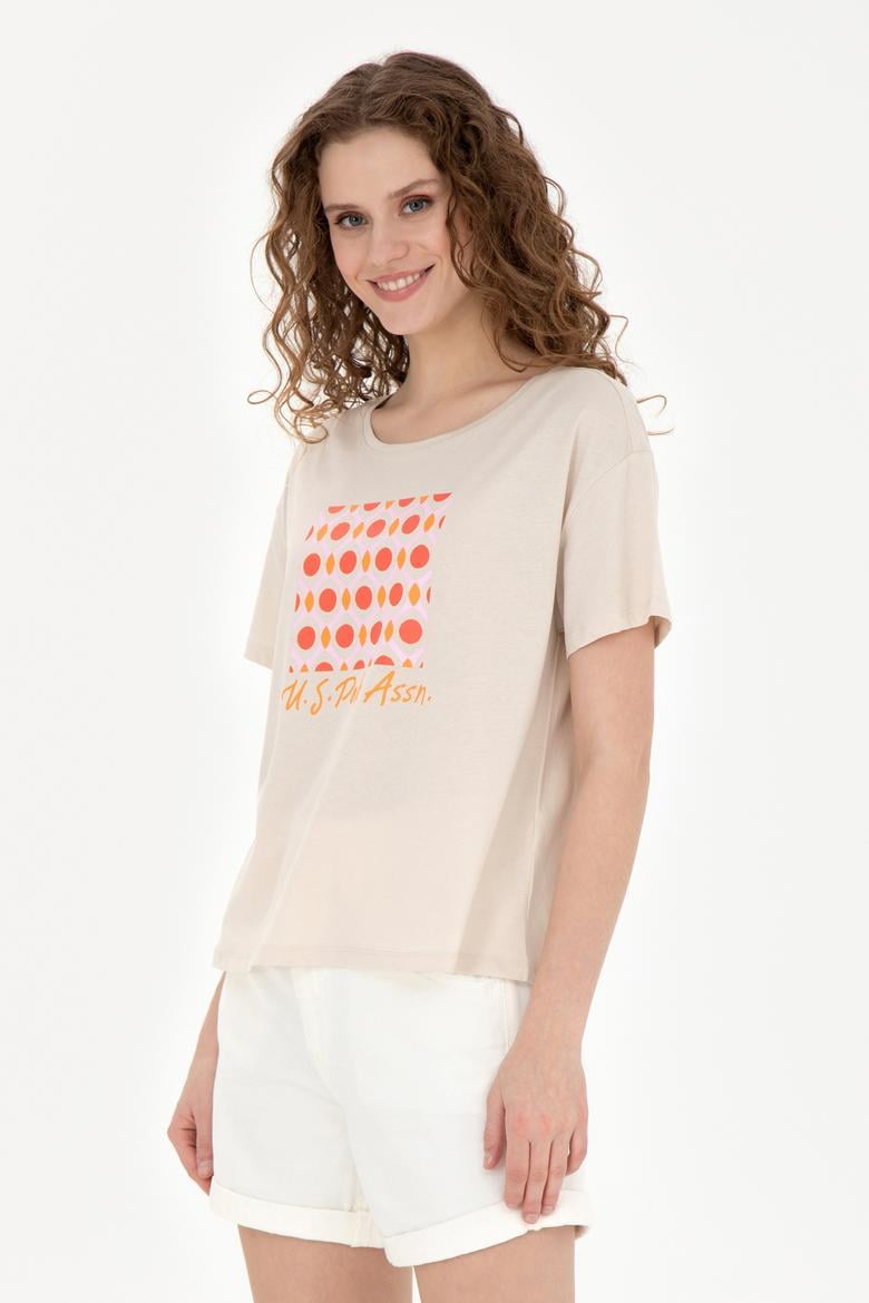 Kadın Krem Bisiklet Yaka Tişört - 50286051016