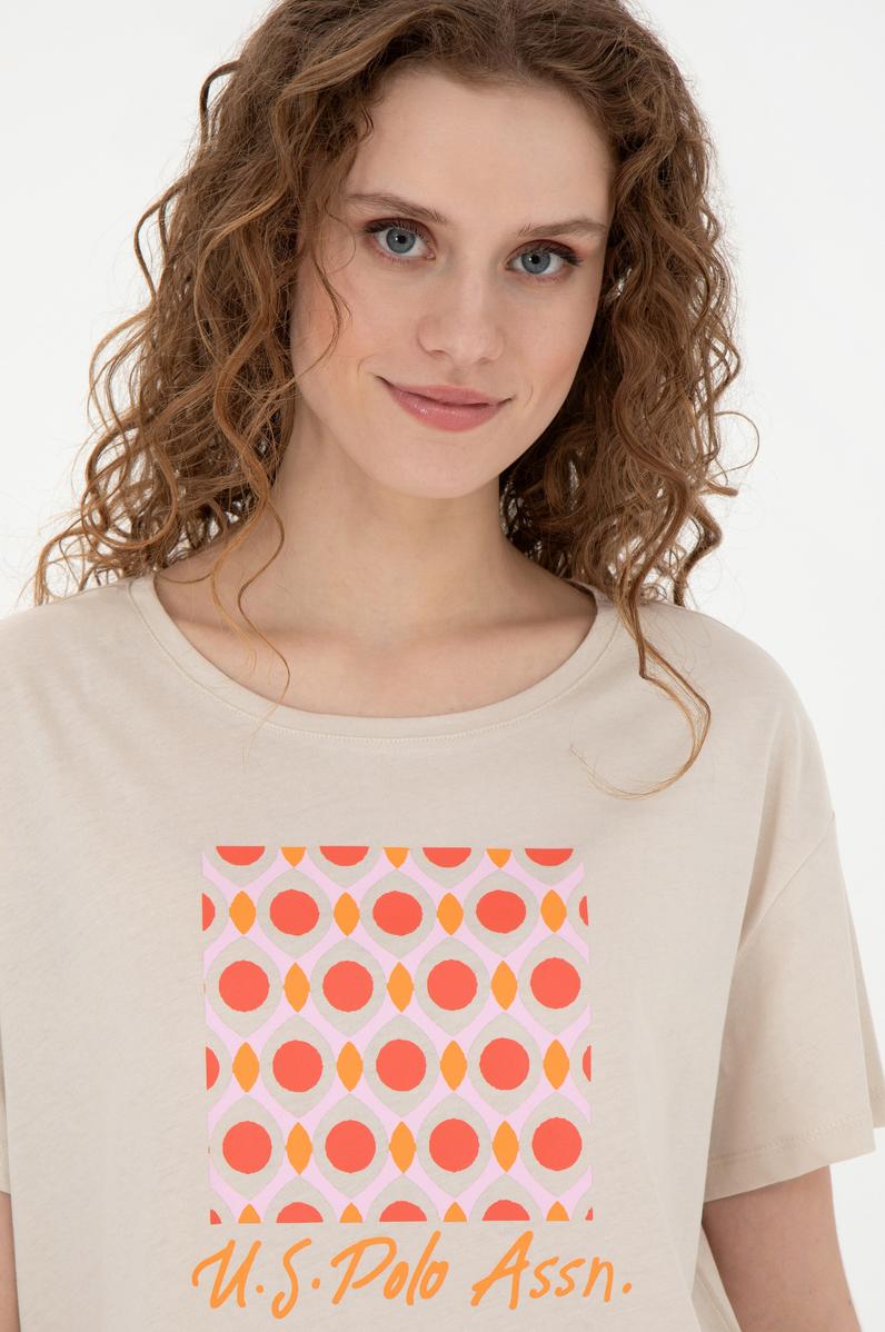 Kadın Krem Bisiklet Yaka Tişört